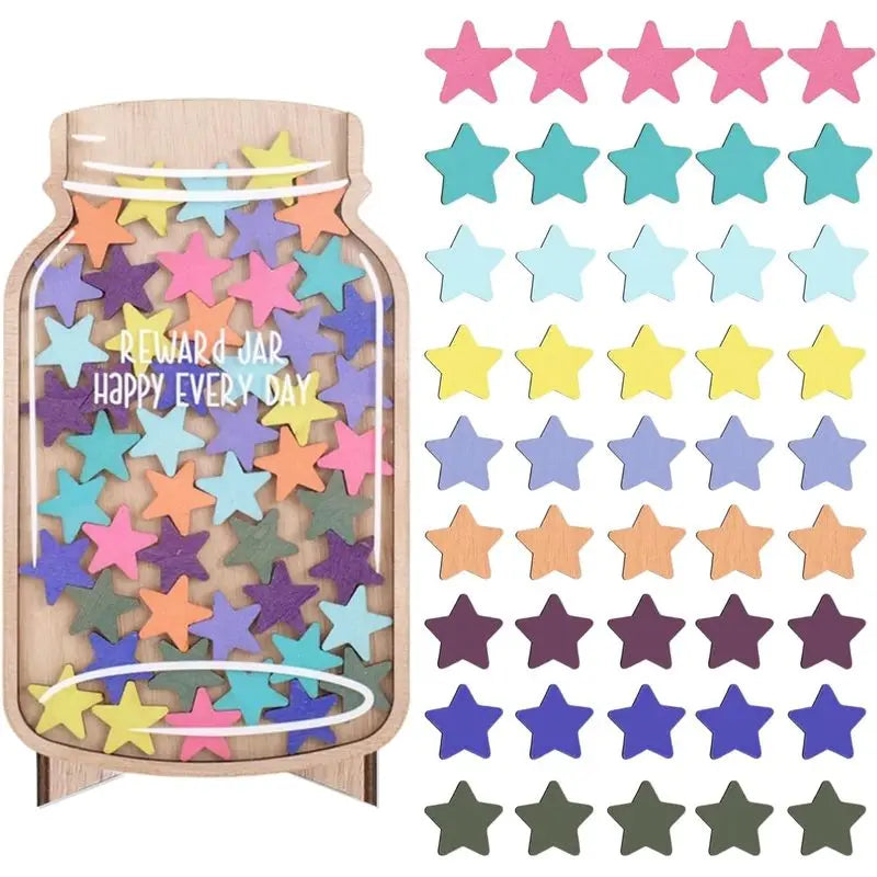 Wooden Reward Jar for Children with 45 Colorful Tokens, Stars or Flowers Jar Reward System Jars and Tokens  (Stars)