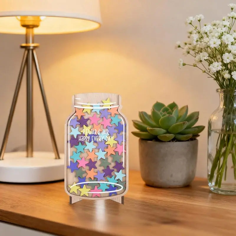Wooden Reward Jar for Children with 45 Colorful Tokens, Stars or Flowers Jar Reward System Jars and Tokens  (Stars)